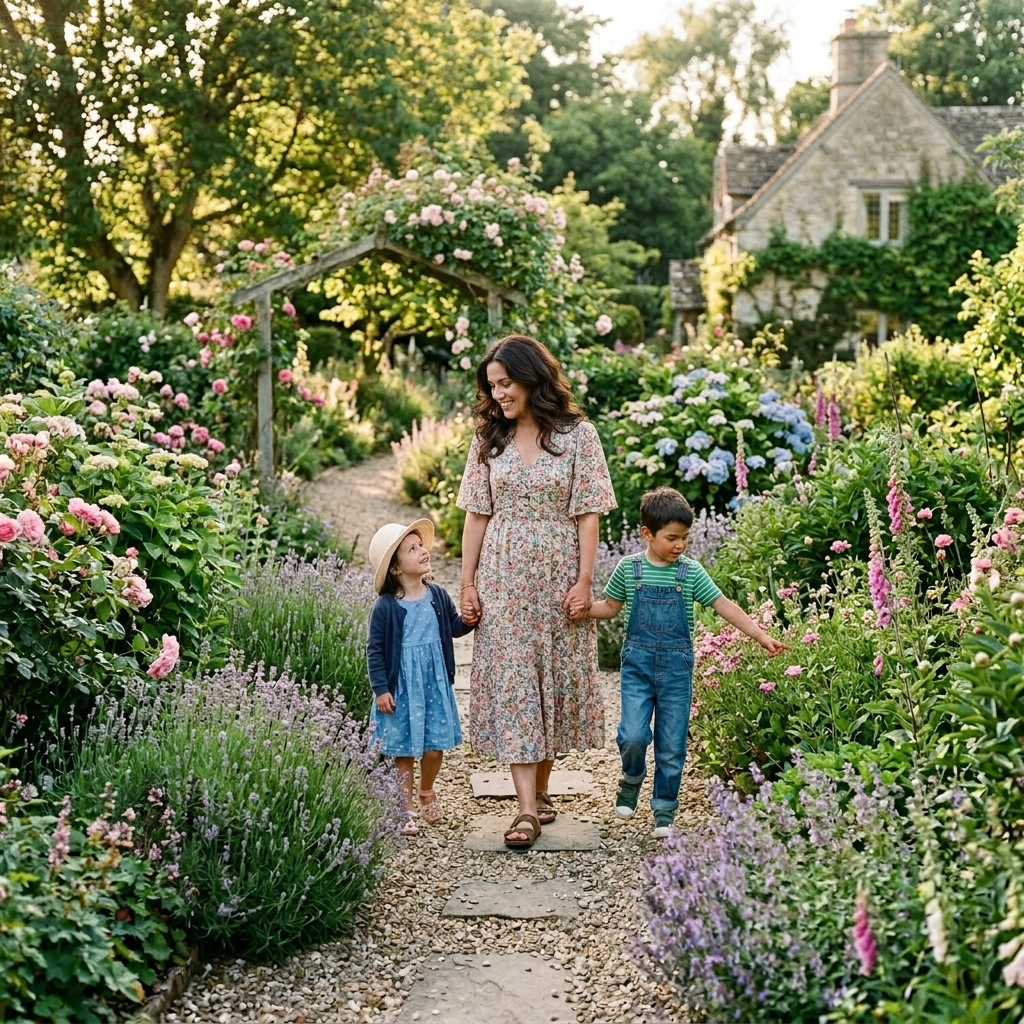 Mother holding hands with a young girl and boy walking on a garden path surrounded by colorful flowers and greenery.